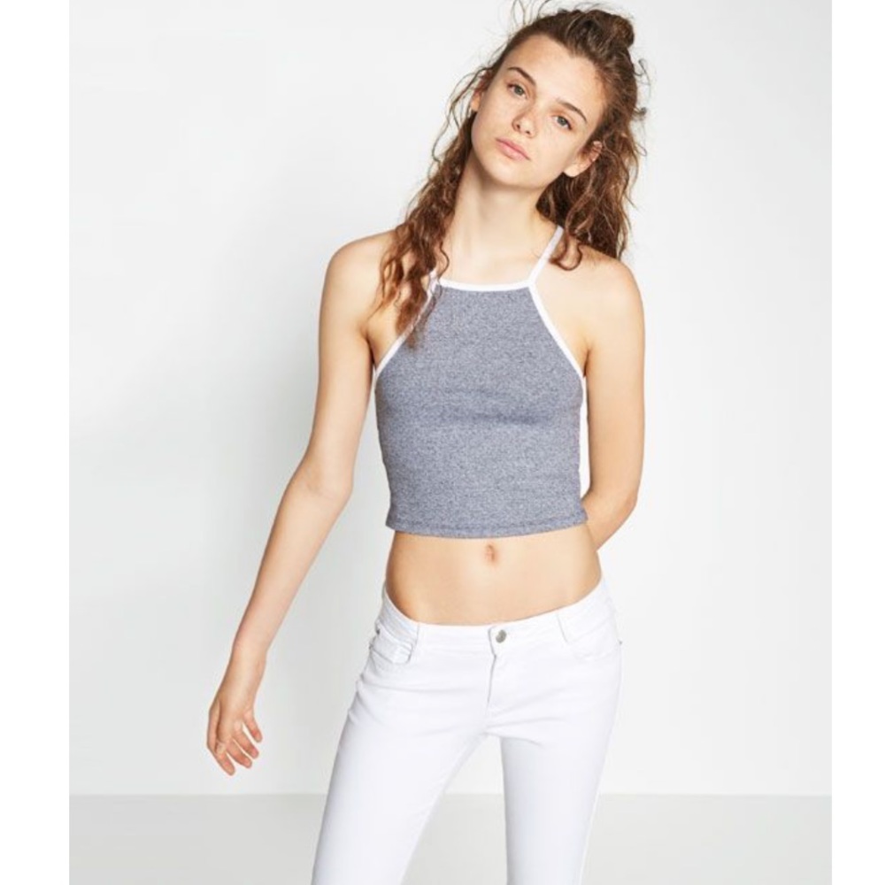 ZARA Grey & White Cropped Halter Tank Top NWT